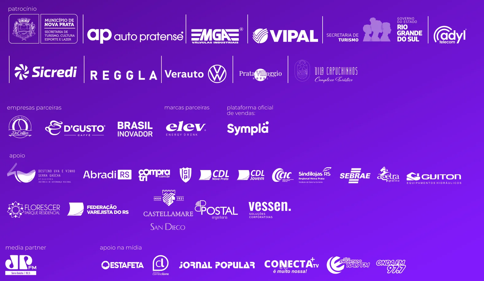 Patrocinadores, parceiros e apoiadores do Serra Summit 2025: Município de Nova Prata, Auto Pratense, MGA, Vipal, Governo do Estado do RS, Adyl, Sicredi, Reggla, Verauto, SEBRAE, Sympla, Jovem Pan e outros